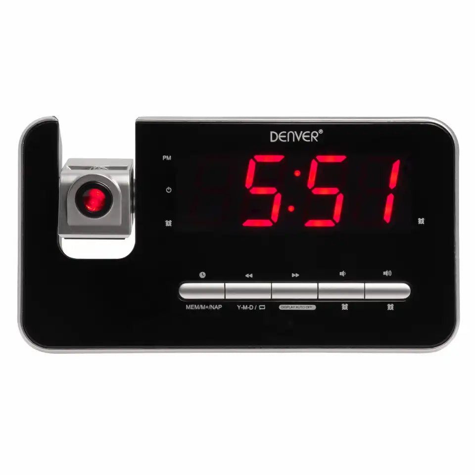 Radio reloj FM Denver PLL con alarma dual, proyección de reloj de 180° y pantalla LED de 1,2" | CRP-618